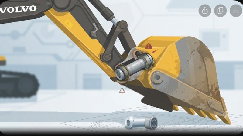 Иллюстрация износа ковша экскаватора Volvo EC210D с акцентом на замену пальцев и резиновых уплотнителей