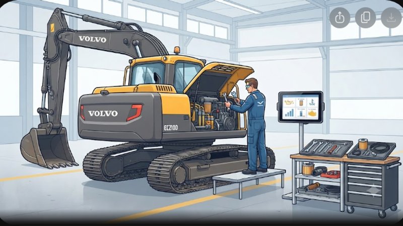 Современная иллюстрация экскаватора Volvo EC210D для статьи о графике технического обслуживания в 2026 году